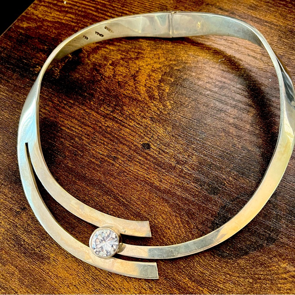 Modernist Taxco Mexico 925 Sterling Silver & CZ Choker Cuff Necklace